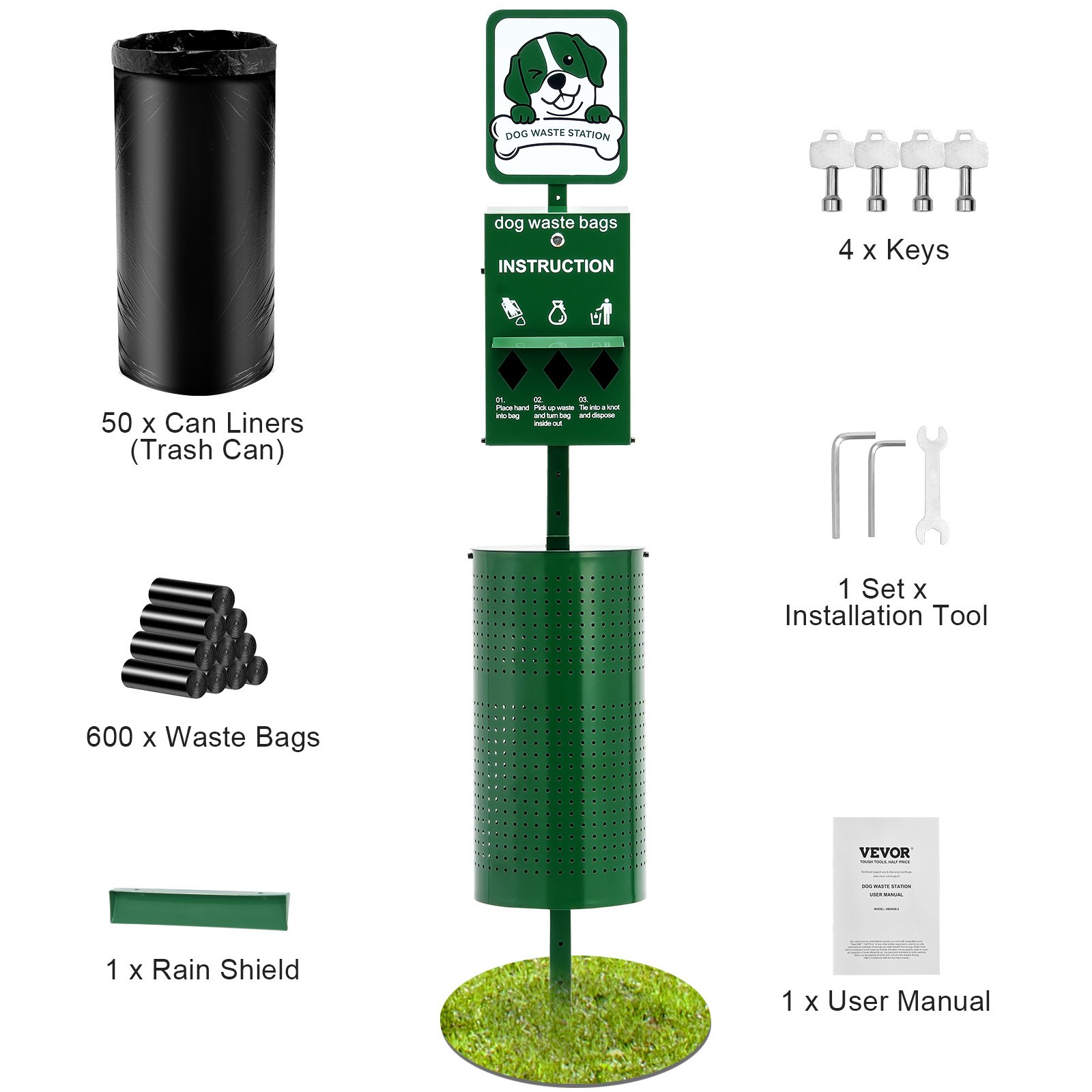 VEVOR Dog Waste Station, Dog Waste Bin, 43L Pet Waste Bin with 50 Waste Bags, Bag Dispenser and 600 Waste Bags, Outdoor Dog Waste Disposal System for the Backyard