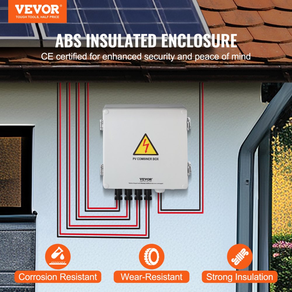 VEVOR Scatola combinatrice fotovoltaica 4 stringhe con fusibile di corrente nominale 10 A, Interruttore automatico protezione sovratensione 63 A, in ABS per sistema di pannelli solari on/off, IP65
