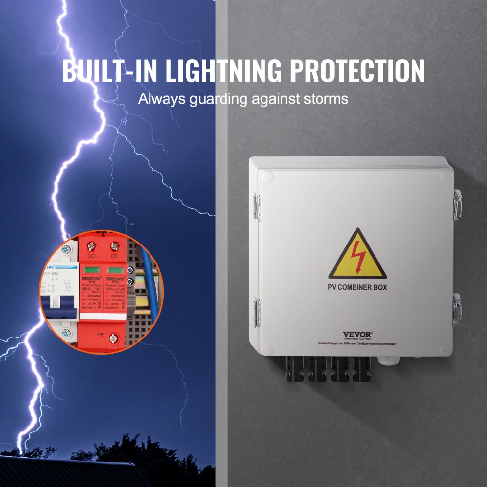 VEVOR PV Combiner Box, 4-String, Solar Combiner Box with 10 A rated current fuse, 63 A circuit breaker, lightning arrester and solar connection, ABS plastic housing for on/off-grid solar panel system, IP65