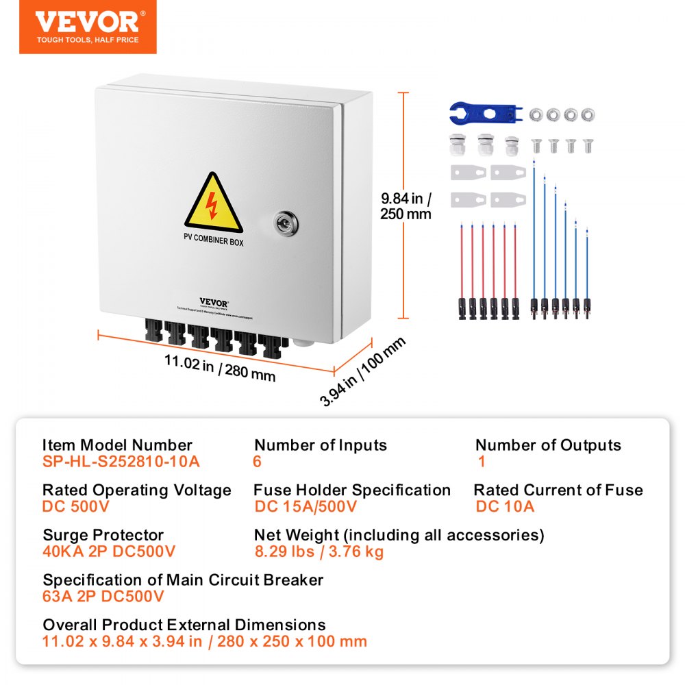 VEVOR Scatola combinatrice fotovoltaica 6 stringhe con fusibile corrente nominale 10 A, Protezione sovratensione con interruttore automatico 63 A, acciaio per sistema di pannelli solari on/off, IP65