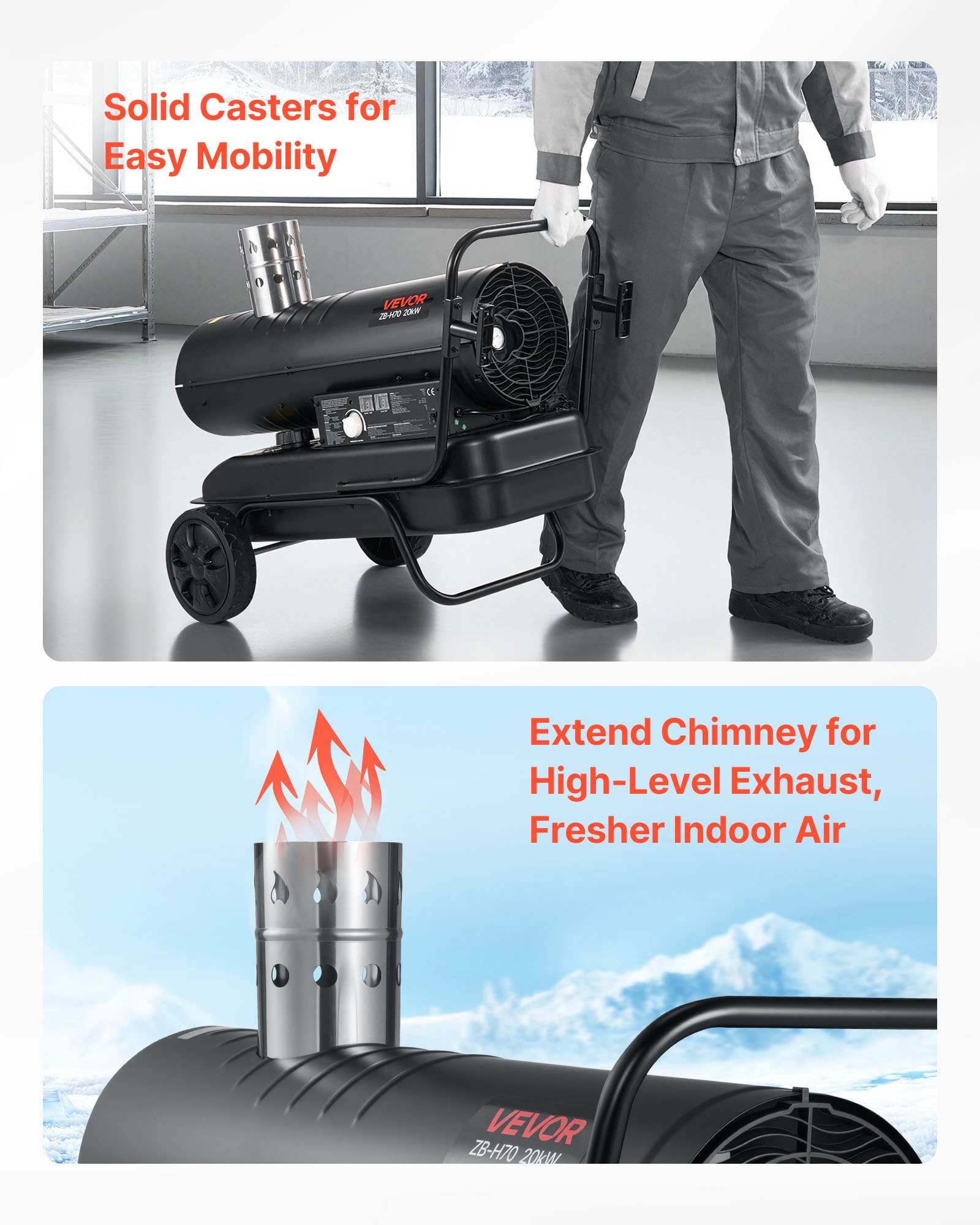 VEVOR Riscaldatore a Gasolio a Cherosene ad Aria Forzata da 20 KW, Riscaldatore Portatile a Siluro con Ruote e Temperatura Regolabile, Tipo Soffiante per Cantieri Garage Magazzini Officine, Nero