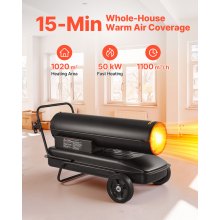 VEVOR Riscaldatore a Gasolio a Cherosene ad Aria Forzata da 50 KW, Riscaldatore Portatile a Siluro con Ruote e Temperatura Regolabile, Tipo Soffiante per Cantieri Garage Magazzini Officine, Nero