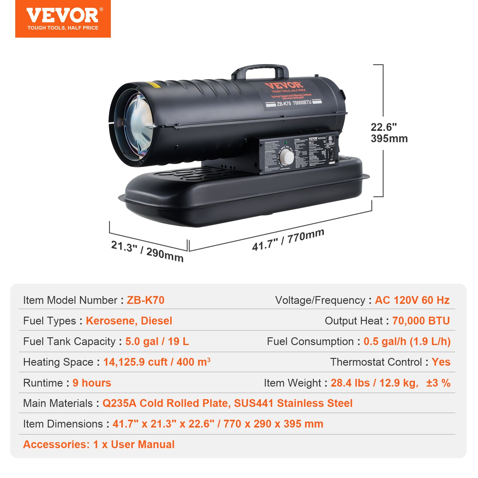 VEVOR Riscaldatore ad Aria Calda Diesel a Cherosene 70000 BTU, Torpedo Riscaldatore d'Ambiente Portatile con Controllo Termostato Serbatoio 19 L per Interni Esterni, per Officine Industriali, Nero