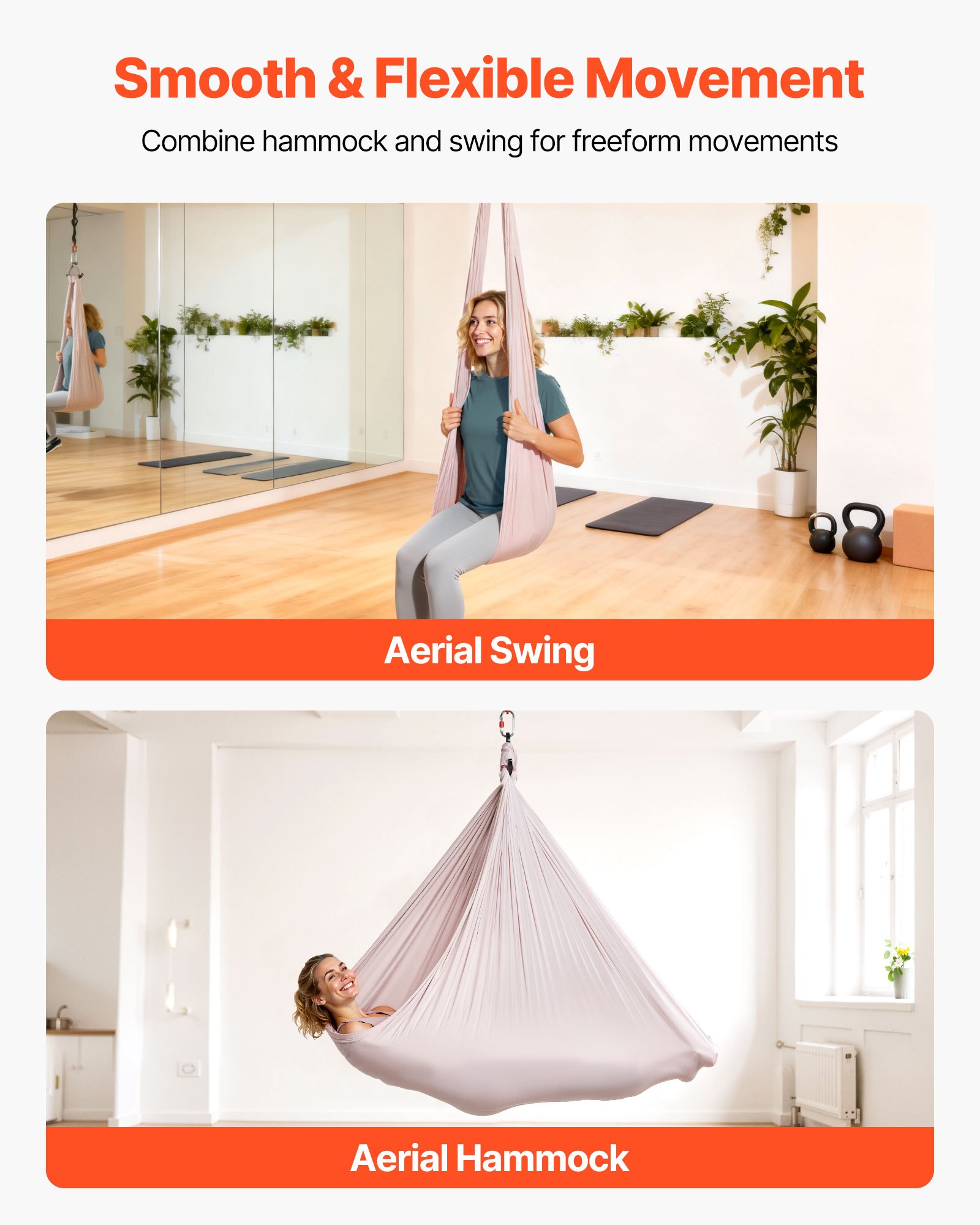 VEVOR Aerial Yoga Hammock, 136.07 kg Load Aerial Silk, Yoga Swing with Nylon Fabric, PE Zipper Bag for Parent-Child Interaction, Strengthen Muscles & Improve Practice, Hammock and Swing Combo