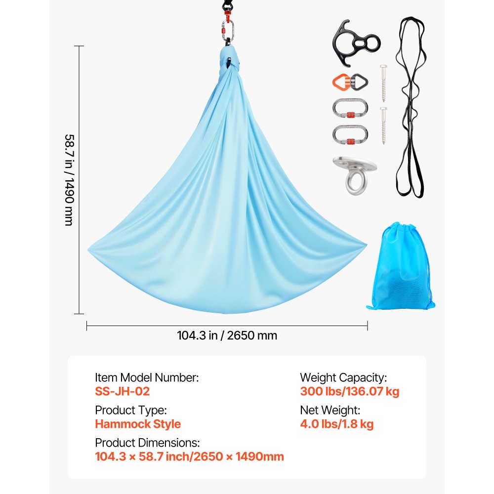 VEVOR Amaca per Yoga Aerea, Capacità di Carico 136,07 kg, Altalena per Yoga con Tessuto in Nylon, Corda a Margherita e Borsa con Cerniera in PE, Altalena da Ginnastica a Doppia Funzione Blu