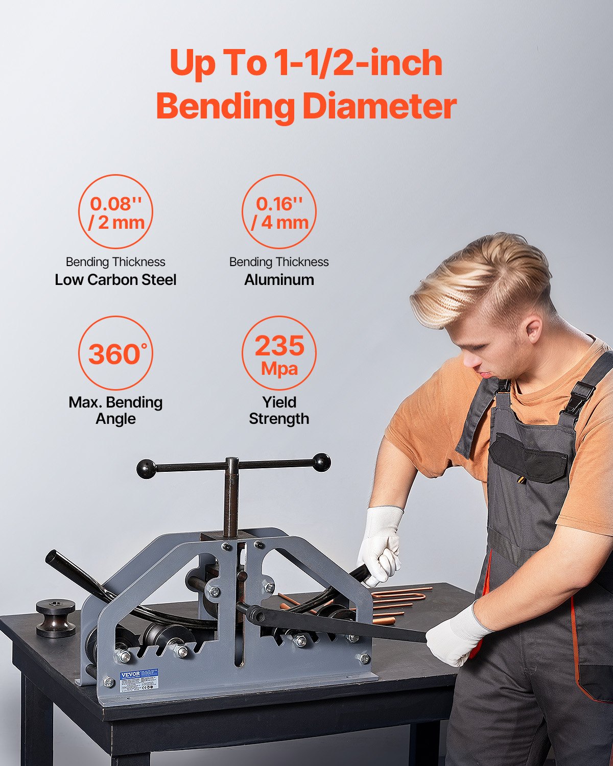 VEVOR Piegatubi a Rulli per Tubi 38,1 mm Piegatubi Manuale con 6 Matrici, Utensile per Piegare Tubi in Rame e Alluminio 360° per Tubi Quadrati, Rotondi, per Riparazioni Auto di Aria Condizionata HVAC