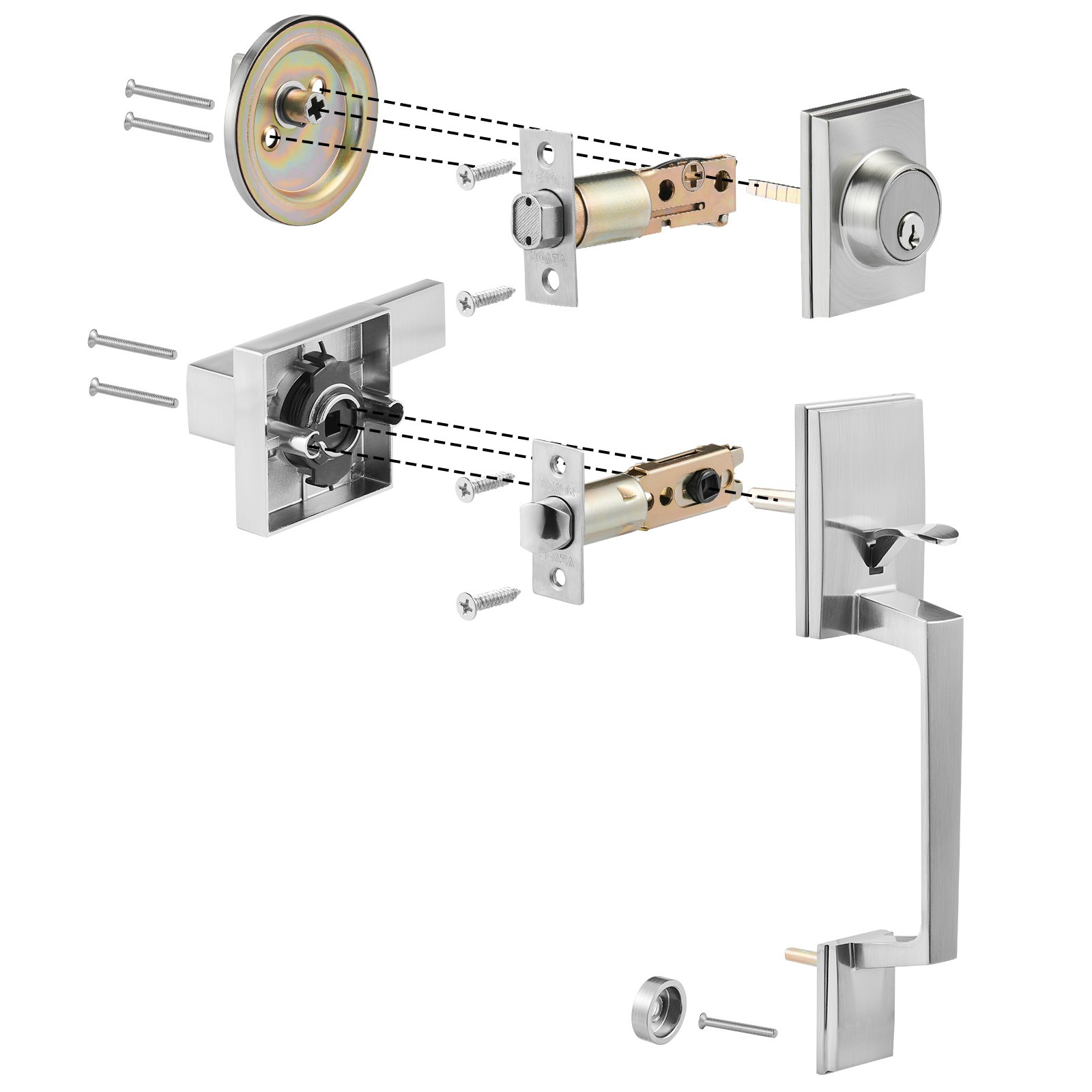 VEVOR Set Maniglia per Porta d'Ingresso, Set Maniglia Quadrata in Nichel Satinato Maniglia per Porta a Leva, Maniglia per Porta d'ingresso per Ingresso a Destra e Sinistra e Porta d'Ingresso