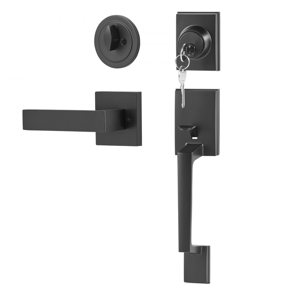 VEVOR Set Maniglia per Porta d'ingresso, Set Maniglia Quadrata Nera Opaca Maniglia per Porta d'ingresso a Cilindro Singolo con Reversibile per Ingresso e Porta d'Ingresso per Mano Destra e Sinistra