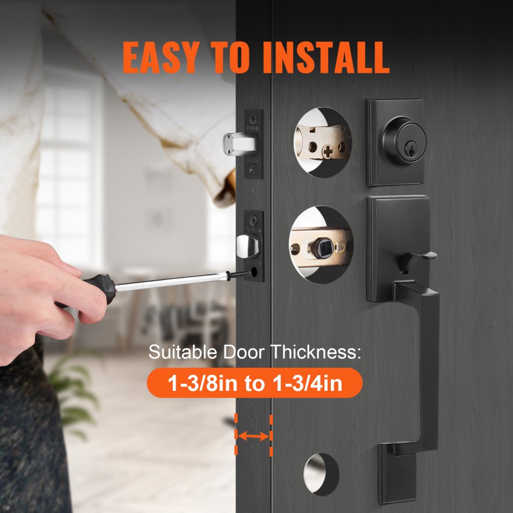 VEVOR Front Door Handle and Latch Set, Matte Black, Square Handle Set with Lever Door Handle, Single Cylinder Entrance Door Handle with Reversible Function for Right- and Left-Handed Entrance and Front Doors