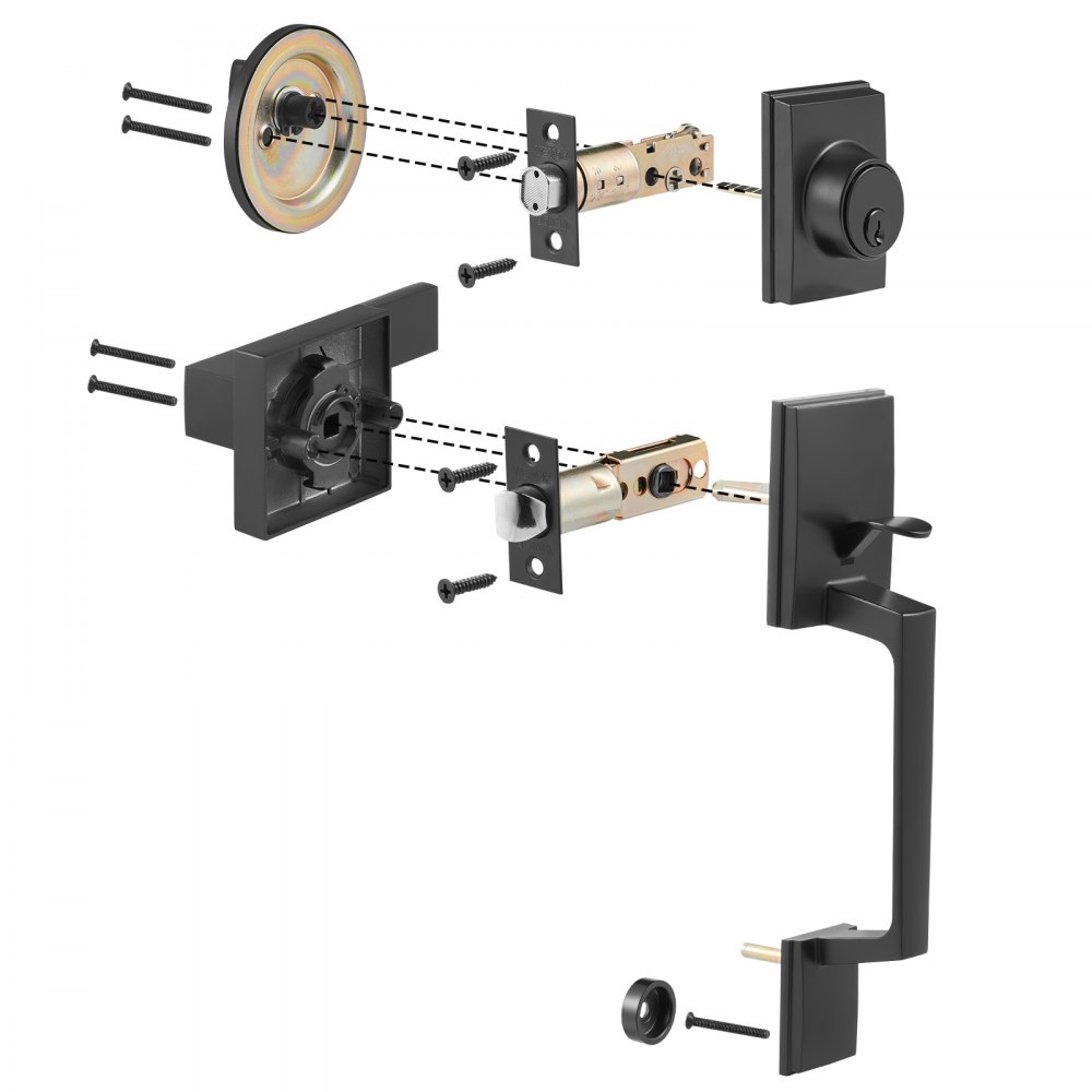 VEVOR Front Door Handle and Latch Set, Matte Black, Square Handle Set with Lever Door Handle, Single Cylinder Entrance Door Handle with Reversible Function for Right- and Left-Handed Entrance and Front Doors