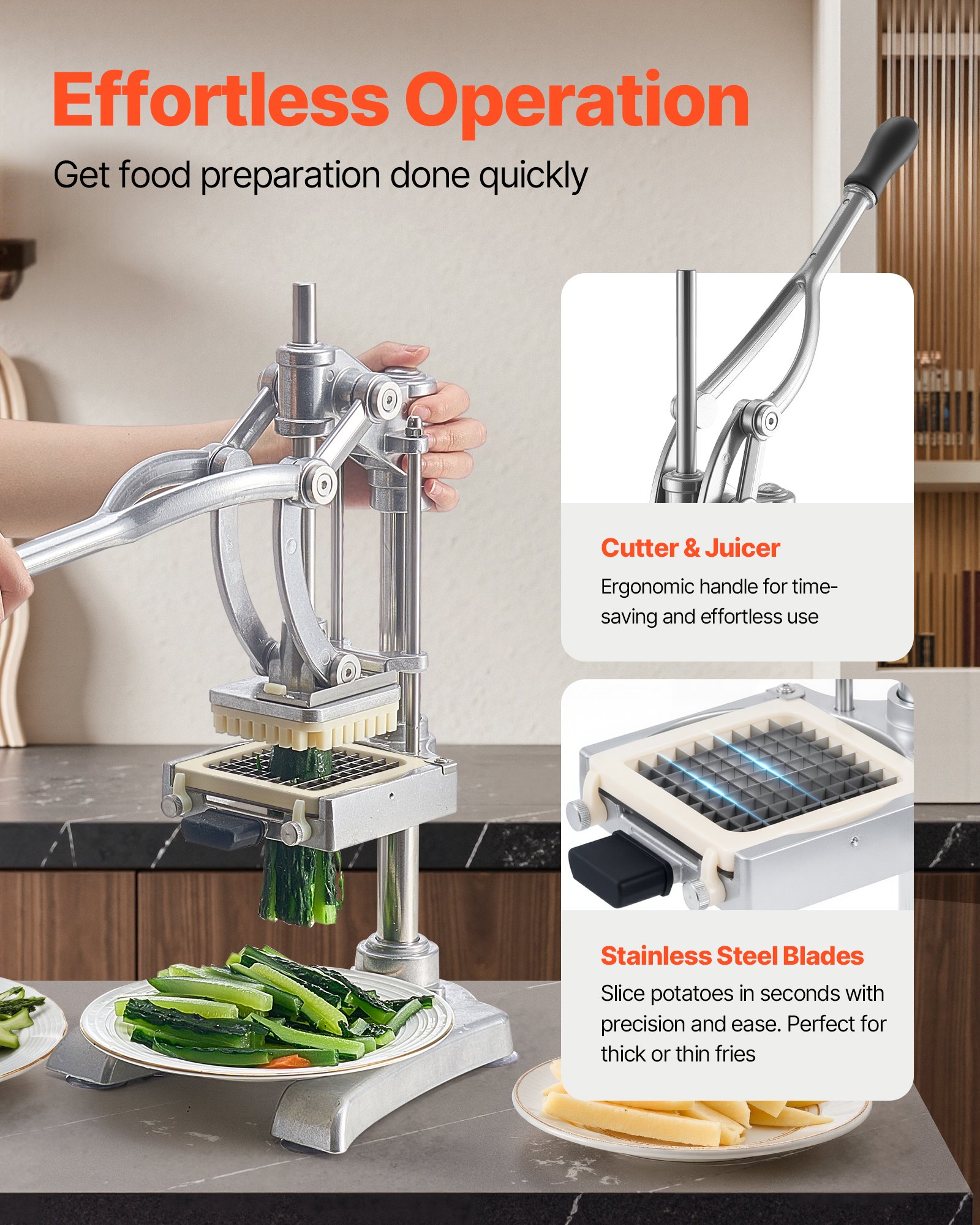 VEVOR Tagliapatate Commerciale, in Acciaio Inossidabile con 3 Lame di Ricambio,12,7/9,525/6,35 mm, una Lama per Spremitura Tagliapatate Manuale con Maestria per Ristoranti, Caffè, Bistrot