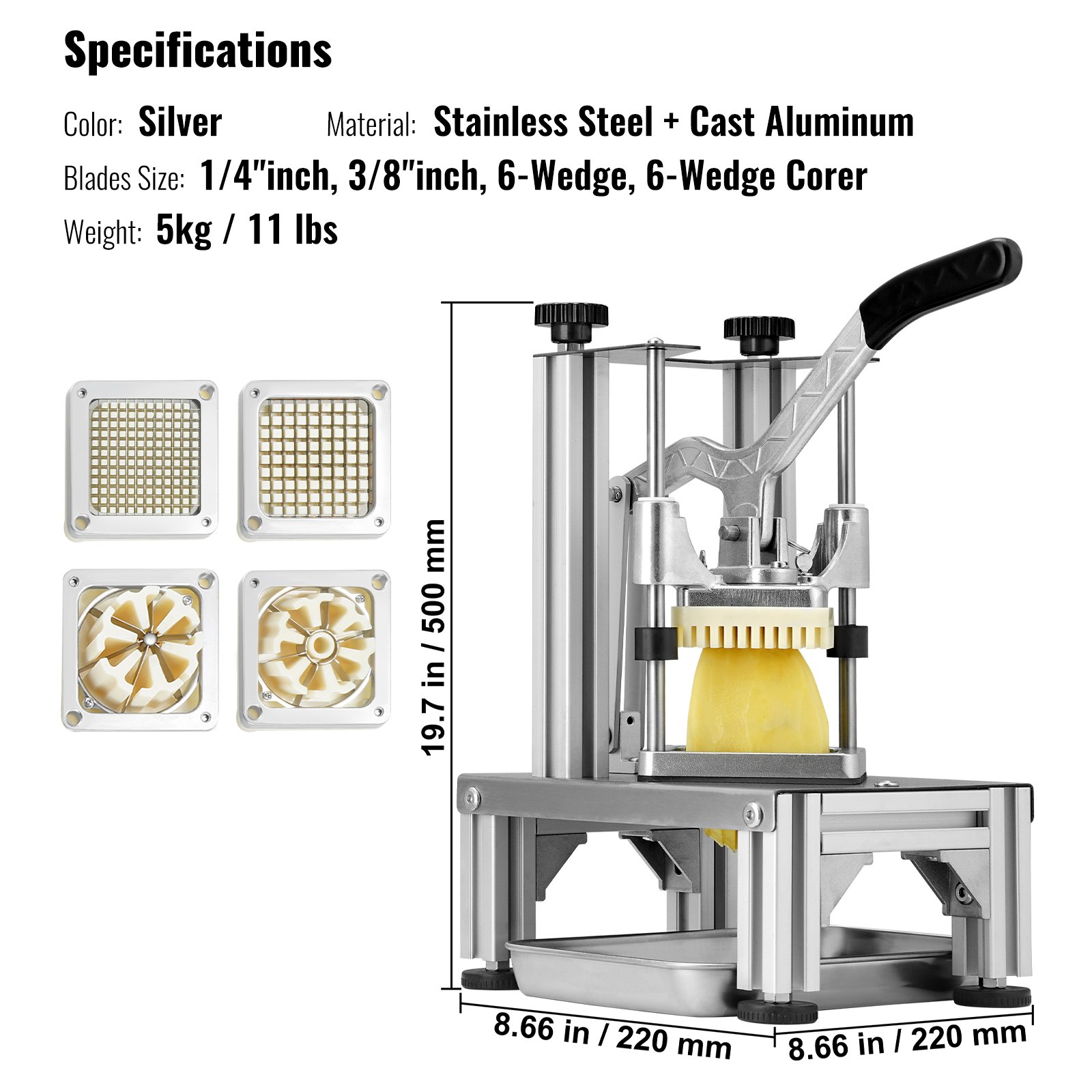 VEVOR Tritatutto Manuale Taglierina Manuale Patatine Verdure Frutta Lame in Acciaio Inox da 6,4/9,5 mm, Tritatutto Uso Commerciale Taglierina per Bastoncini Alimenti Frutta Verdure Manico Ergonomico