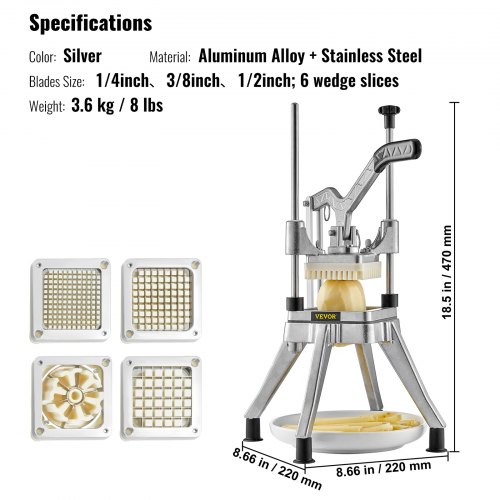 VEVOR VEVOR Tritatutto Manuale Taglierina Manuale per Patatine Verdure  Frutta 4 Lame di Ricambio da 6,4/9,5/12,7 mm, Tritatutto da Banco  Taglierina per Bastoncini Alimenti Frutta Verdure Manico Ergonomico