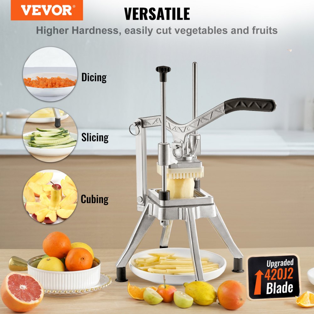 VEVOR Tritatutto Manuale Taglierina Manuale per Patatine Verdure Frutta 4 Lame di Ricambio da 6,4/9,5/12,7 mm, Tritatutto da Banco Taglierina per Bastoncini Alimenti Frutta Verdure Manico Ergonomico