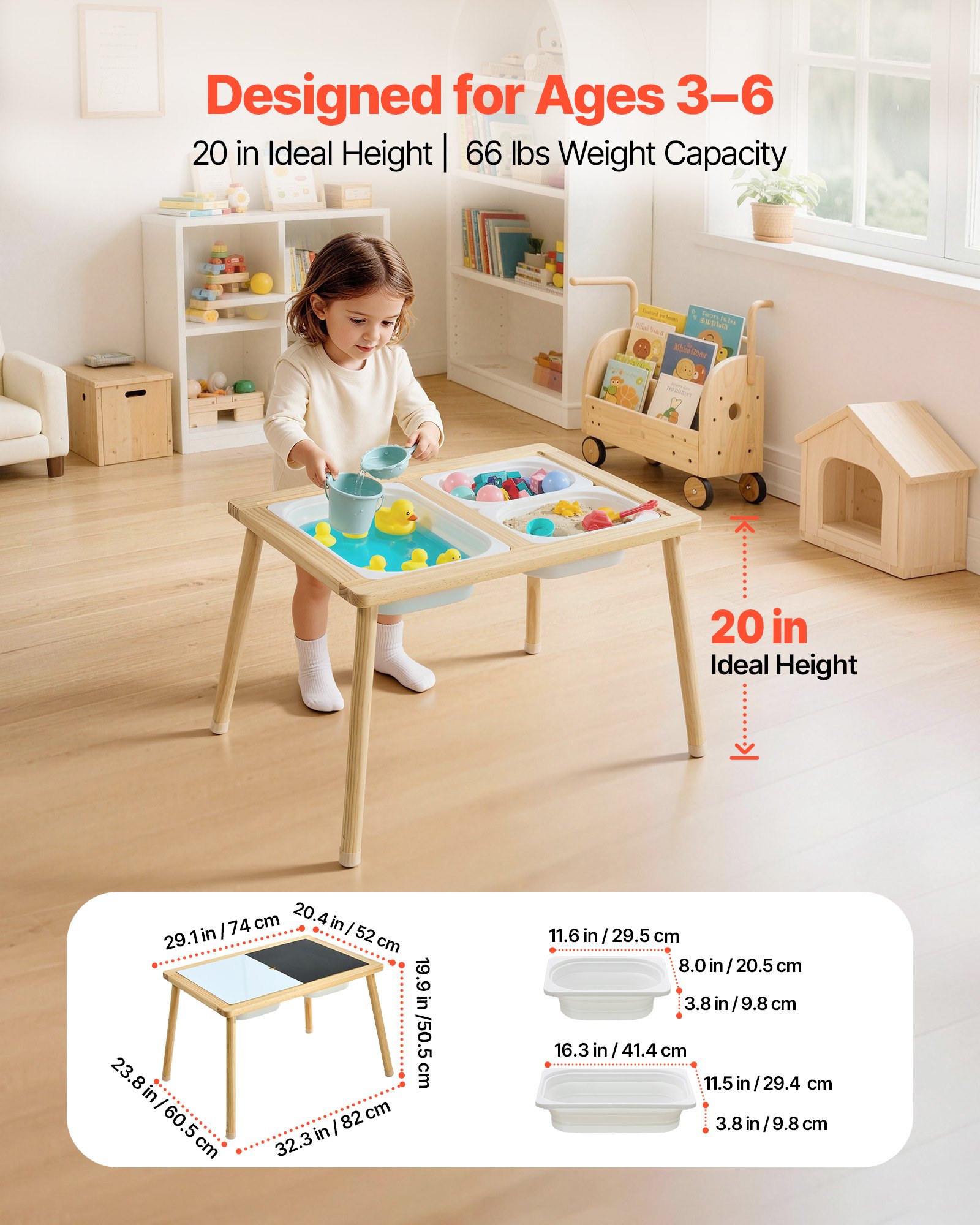 VEVOR Tavolo Sensoriale per Bambini Piccoli, Tavolino Multiattività da Gioco in Legno con Piano Reversibile Doppio Lato Contenitori Portaoggetti e Piedini Antiscivolo, per Sabbia Acqua Disegno Studio