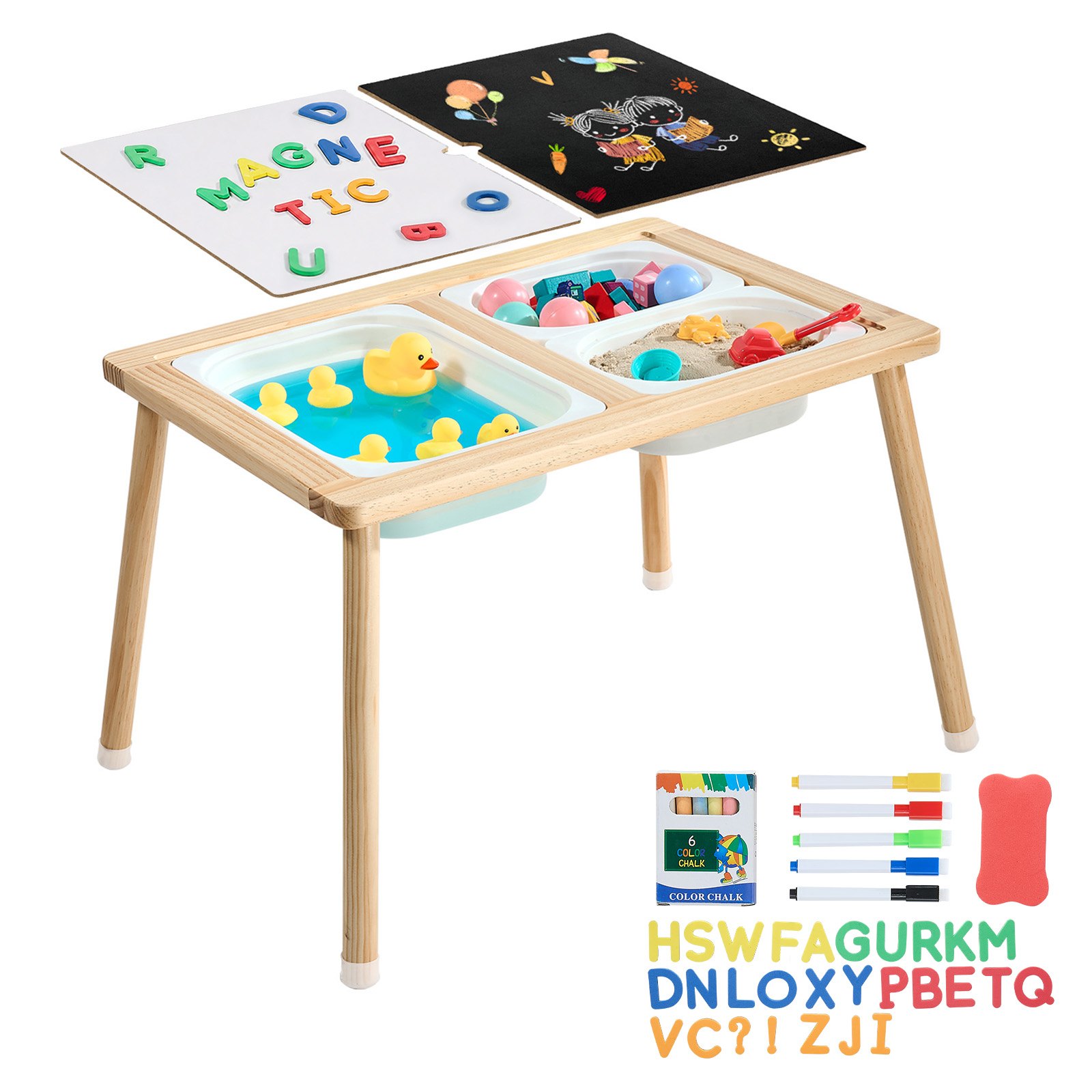 VEVOR Tavolo Sensoriale per Bambini Piccoli, Tavolino Multiattività da Gioco in Legno con Piano Reversibile Doppio Lato Contenitori Portaoggetti e Piedini Antiscivolo, per Sabbia Acqua Disegno Studio