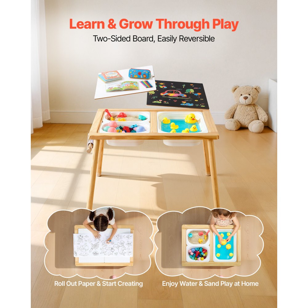 VEVOR Tavolo Sensoriale per Bambini, Banco Multifunzioni in Legno con 2 Sgabelli, Piano a Doppio Lato, Contenitori Portaoggetti e Piedini Antiscivolo, per Giochi con Sabbia e Acqua Disegno Studio
