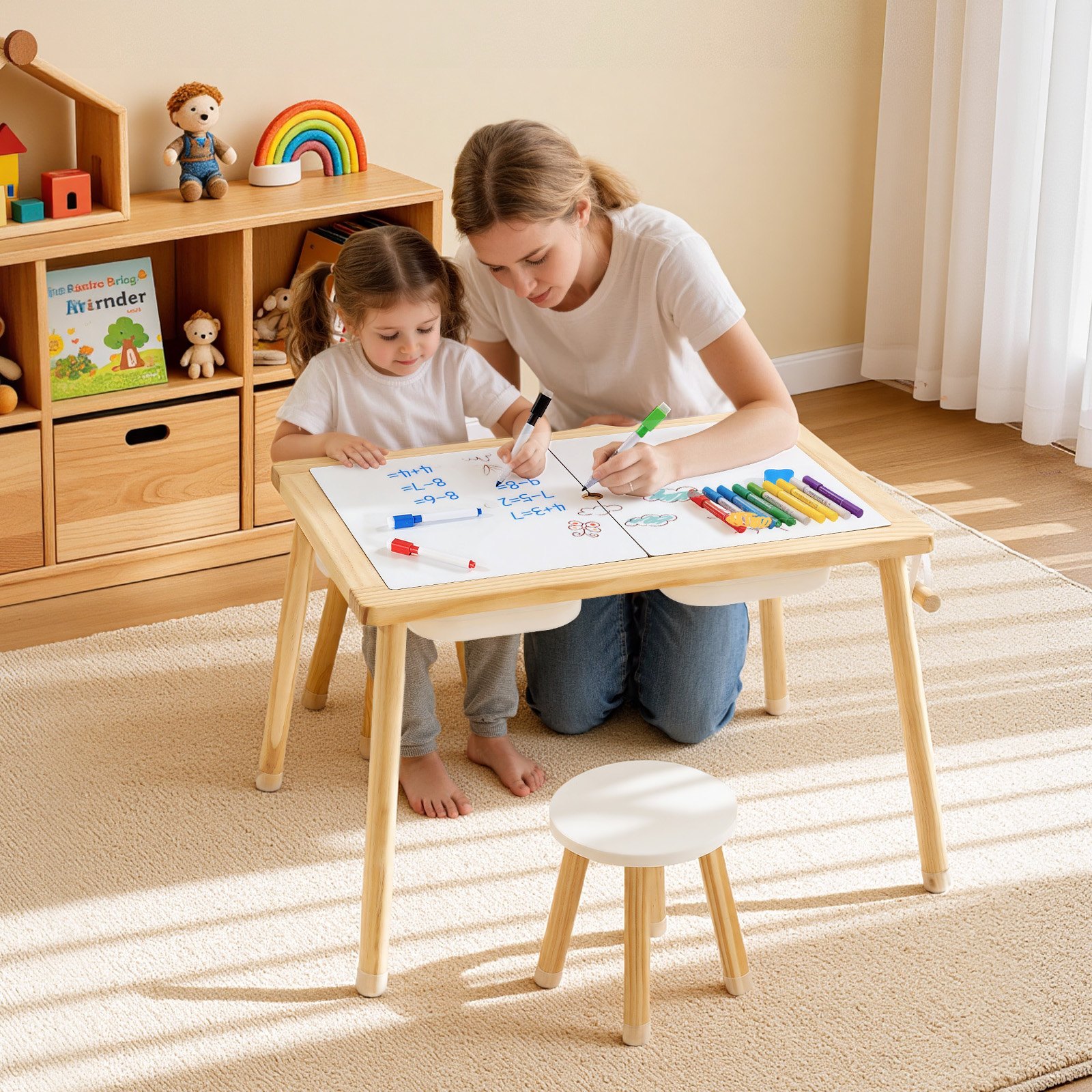 VEVOR Tavolo Sensoriale per Bambini, Banco Multifunzioni in Legno con 2 Sgabelli, Piano a Doppio Lato, Contenitori Portaoggetti e Piedini Antiscivolo, per Giochi con Sabbia e Acqua Disegno Studio