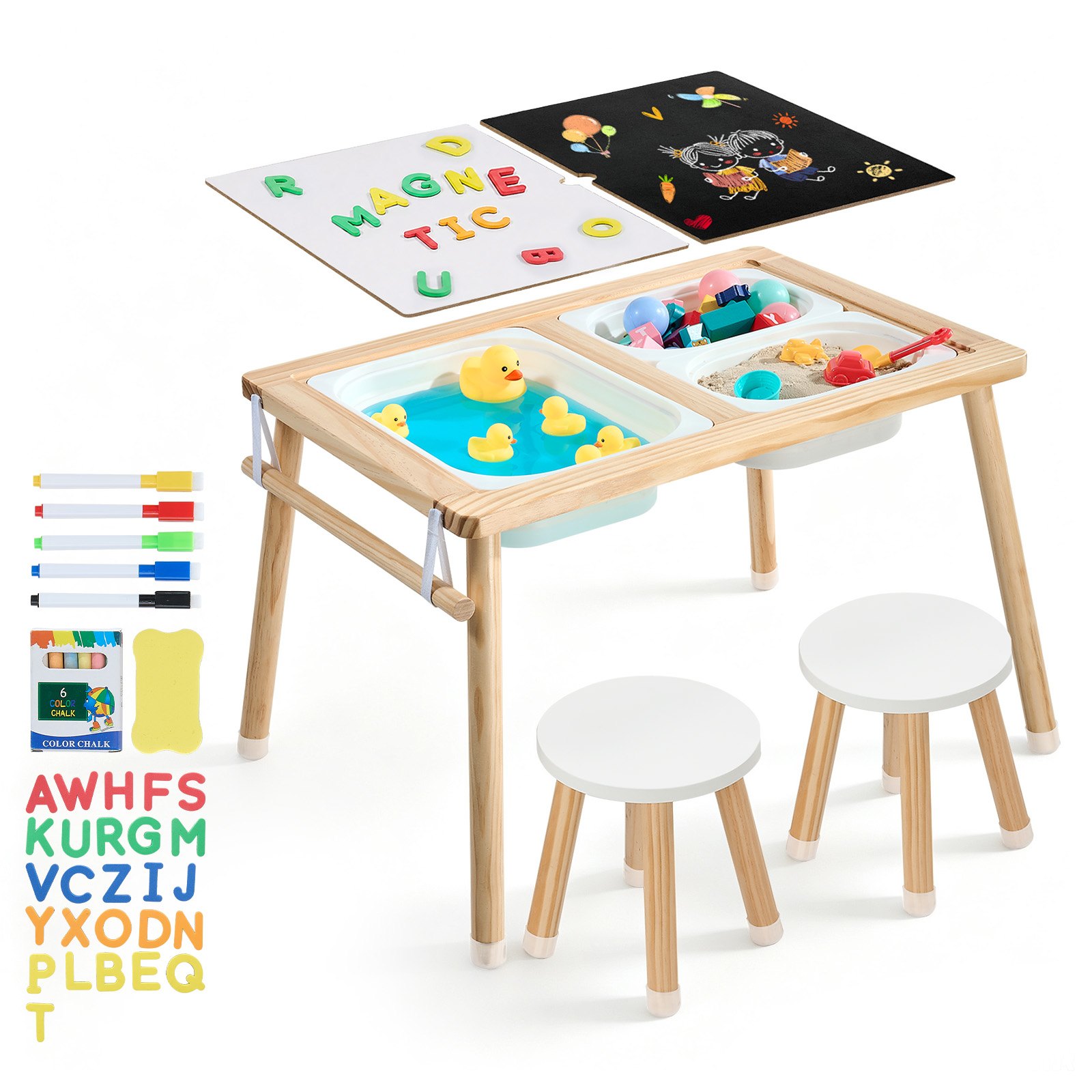 VEVOR Tavolo Sensoriale per Bambini, Banco Multifunzioni in Legno con 2 Sgabelli, Piano a Doppio Lato, Contenitori Portaoggetti e Piedini Antiscivolo, per Giochi con Sabbia e Acqua Disegno Studio
