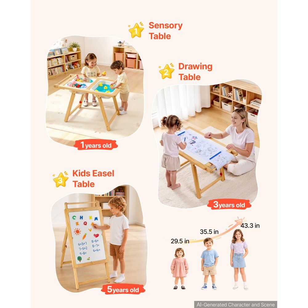 VEVOR Tavolo Sensoriale per Bambini Piccoli, Tavolino Attività in Legno per Bambini e Cavalletto Artistico con Tavola a Doppio Lato Contenitori Portaoggetti, per Giochi da Bimbi con Sabbia e Acqua