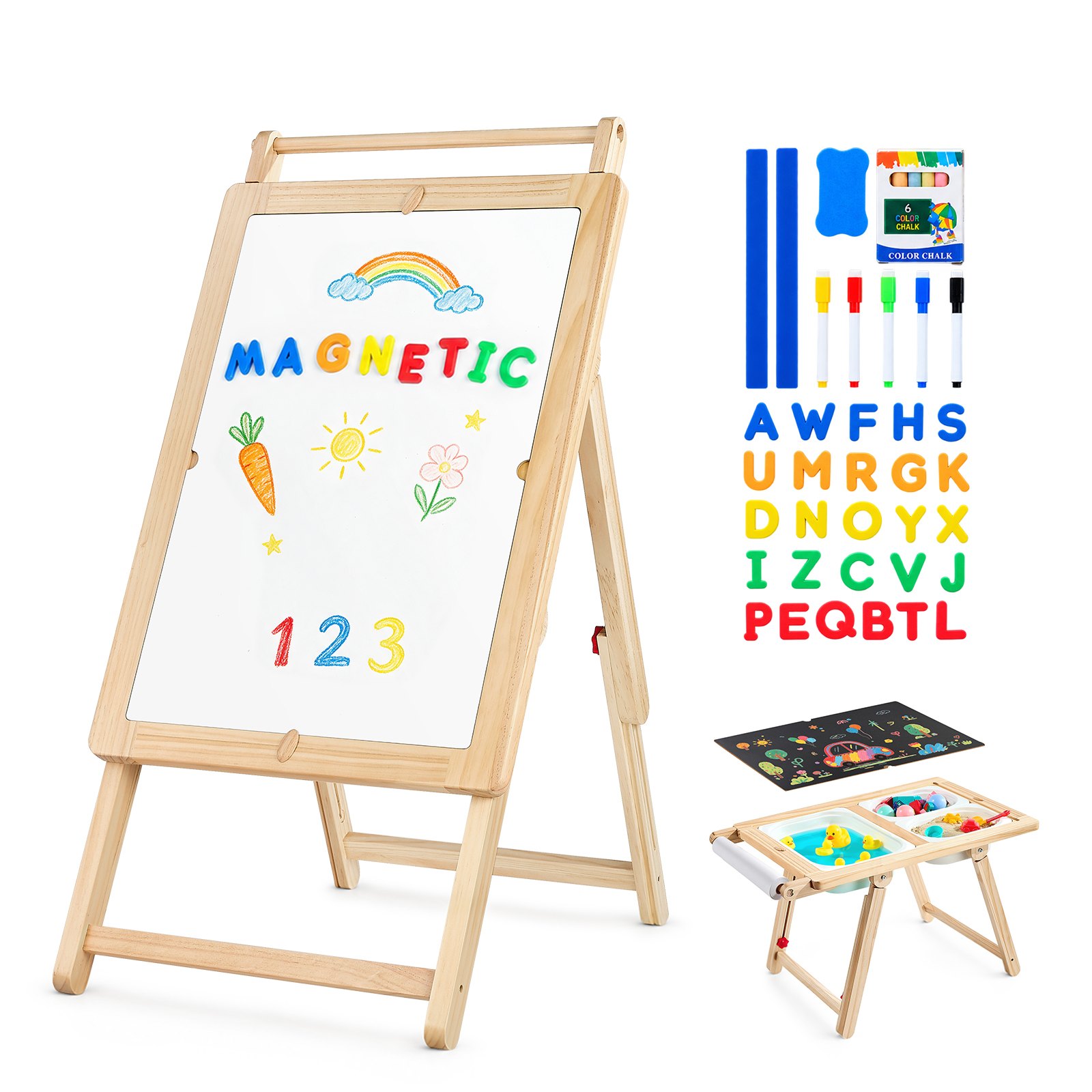 VEVOR Tavolo Sensoriale per Bambini Piccoli, Tavolino Attività in Legno per Bambini e Cavalletto Artistico con Tavola a Doppio Lato Contenitori Portaoggetti, per Giochi da Bimbi con Sabbia e Acqua