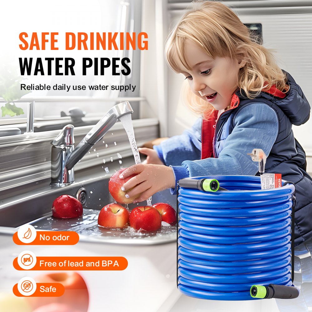 VEVOR Tubo Acqua Riscaldata 30,5 m per Camper, Tubo Acqua Potabile Riscaldato Antigelo fino a -42,7°C, Autoregolante Automatica, ID 158 mm con Set Raccordi Collegamento Rapido, Senza Piombo e BPA