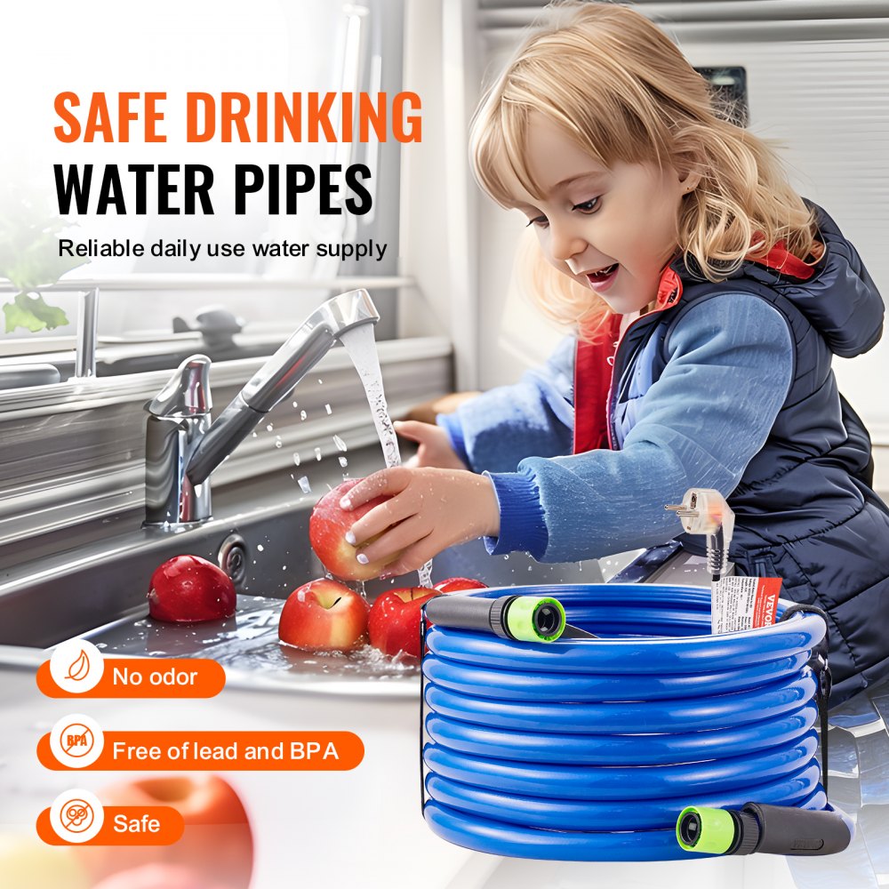 VEVOR Tubo Acqua Riscaldata 7,6 m per Camper, Tubo Acqua Potabile Riscaldato Antigelo fino a -42,7°C, Autoregolante Automatica, ID 158 mm con Set Raccordi Collegamento Rapido, Senza Piombo e BPA