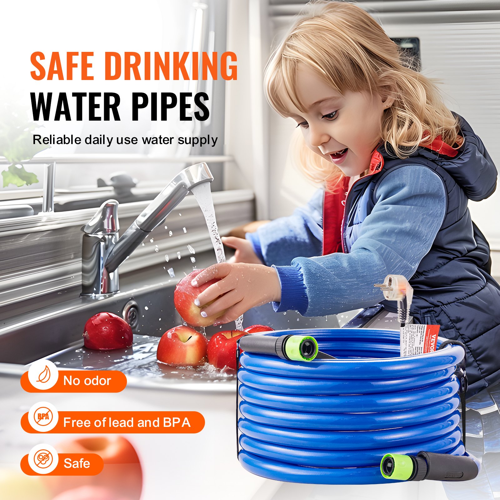 VEVOR Tubo Acqua Riscaldata 7,6 m per Camper, Tubo Acqua Potabile Riscaldato Antigelo fino a -42,7°C, Autoregolante Automatica, ID 158 mm con Set Raccordi Collegamento Rapido, Senza Piombo e BPA