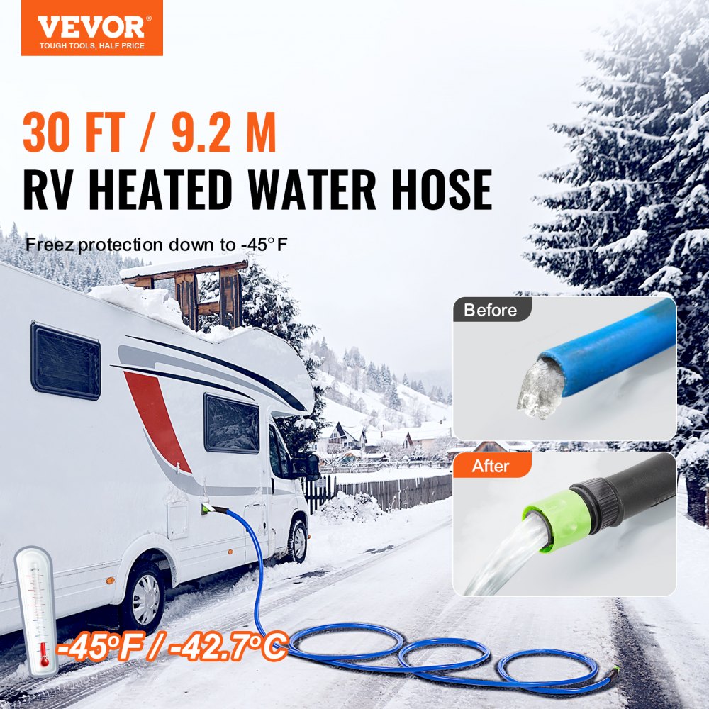 VEVOR Tubo Acqua Riscaldata da 9,1 m Camper, Tubo Acqua Potabile Riscaldato Antigelo fino a -42,7°C, Autoregolante Automatico, ID 158 mm con Set di Raccordi a Collegamento Rapido, Senza Piombo e BPA
