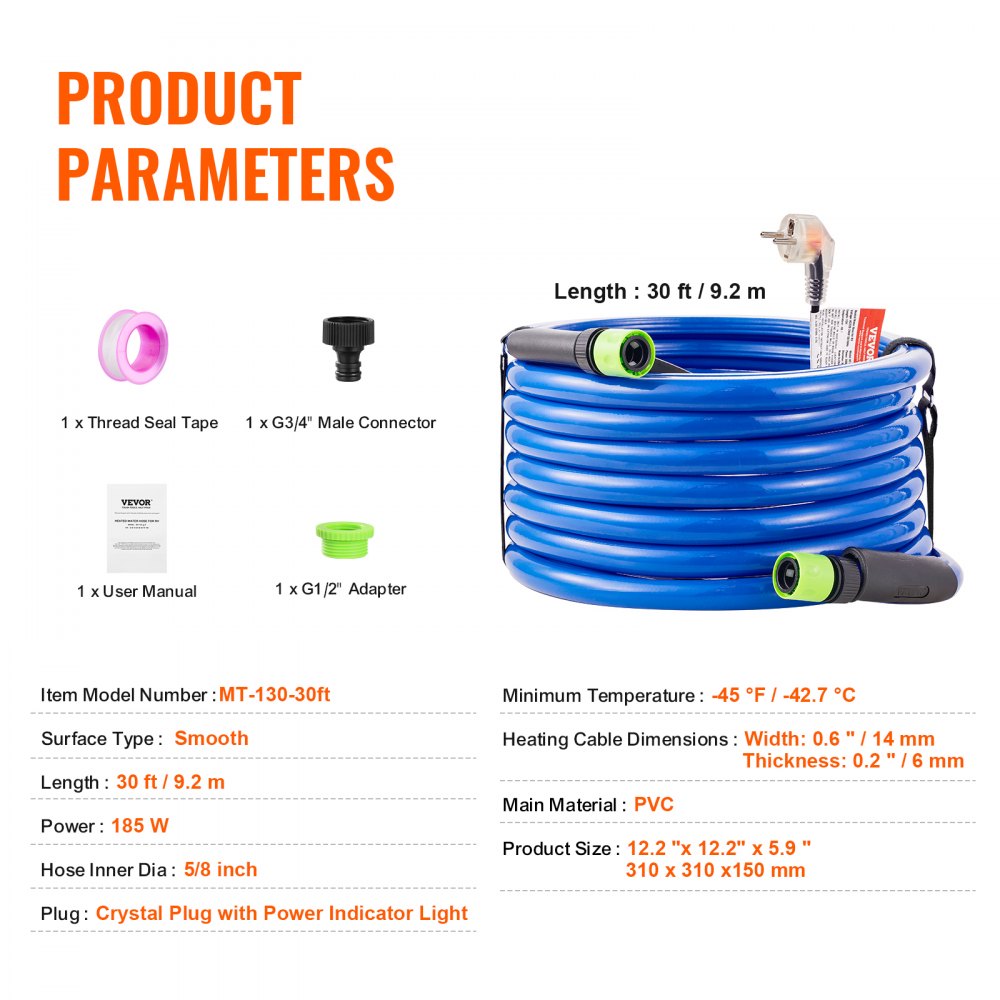 VEVOR 30ft Heated Water Hose for RVs, Heated Drinking Water Hose with Frost Protection down to -45°F, Automatically Self-Regulating, 5/8" ID with Quick-Connect Kit, Lead and BPA Free