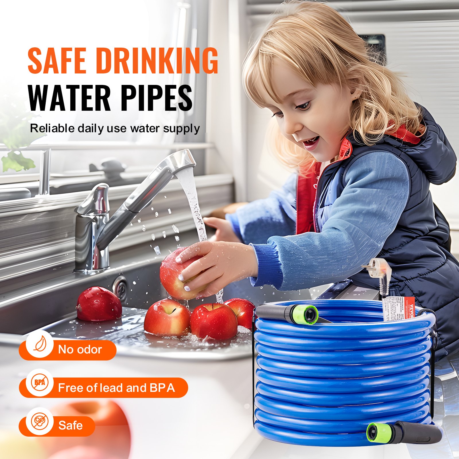 VEVOR Tubo Acqua Riscaldata 15,2 m per Camper, Tubo Acqua Potabile Riscaldato Antigelo fino a -42,7°C, Autoregolante Automatica, ID 158 mm con Set Raccordi Collegamento Rapido, Senza Piombo e BPA