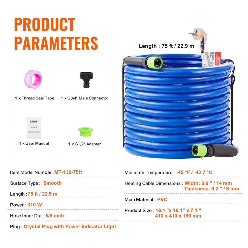 VEVOR 75ft Heated Water Hose for RVs, Heated Drinking Water Hose with Frost Protection down to -45°F, Automatically Self-Regulating, 5/8" ID with Quick-Connect Kit, Lead and BPA Free