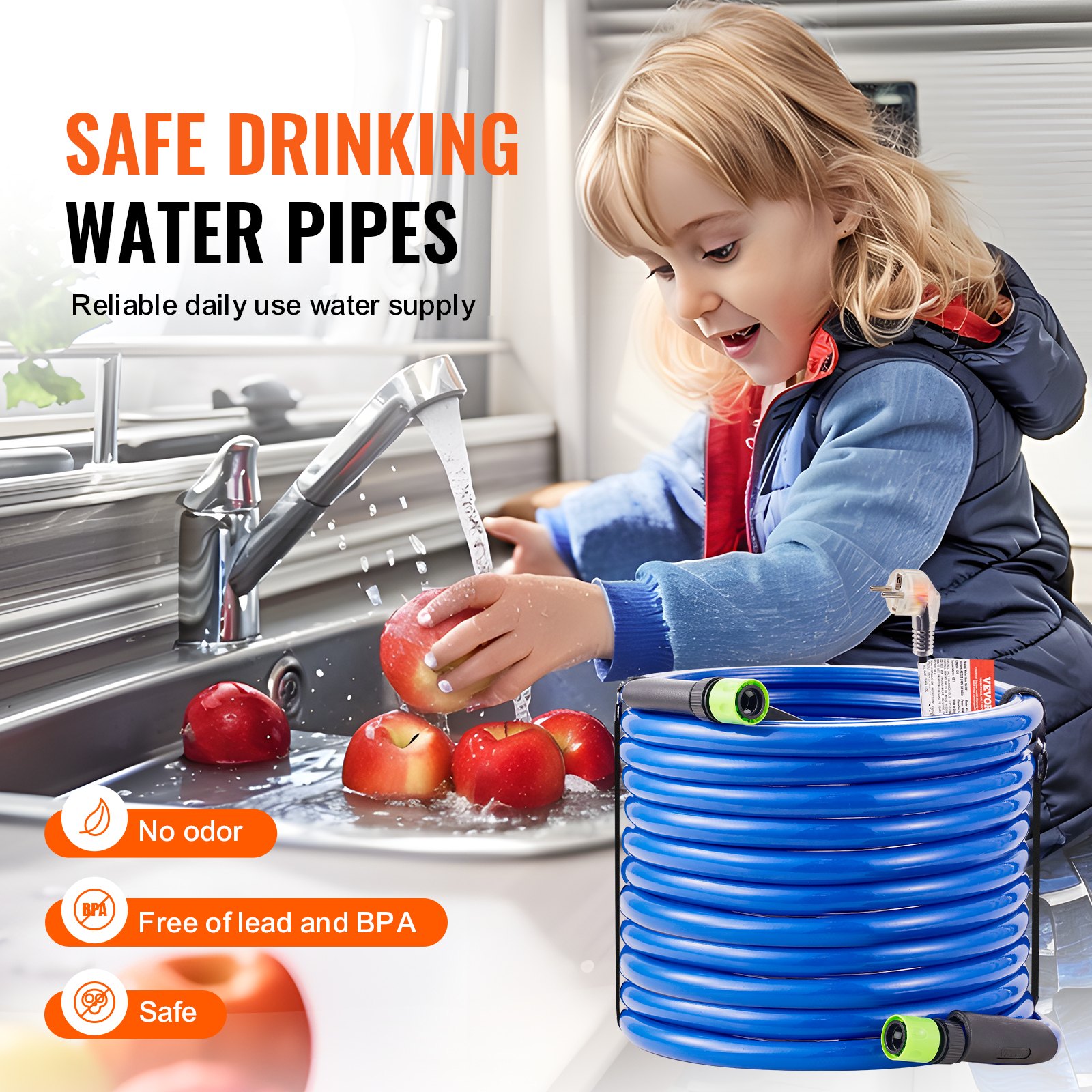 VEVOR 75ft Heated Water Hose for RVs, Heated Drinking Water Hose with Frost Protection down to -45°F, Automatically Self-Regulating, 5/8" ID with Quick-Connect Kit, Lead and BPA Free