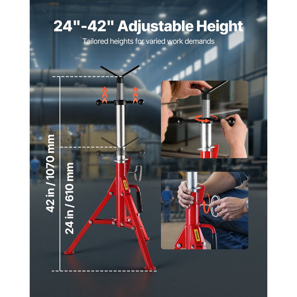 VEVOR Cavalletto per Tubi con Testa a V 0,32-30,48 cm Supporto per tubi Altezza Regolabile 61-107 cm Massima Capacità 1134 kg, Cavalletto per tubi Materiale in Acciaio al Carbonio Piedi Pieghevoli