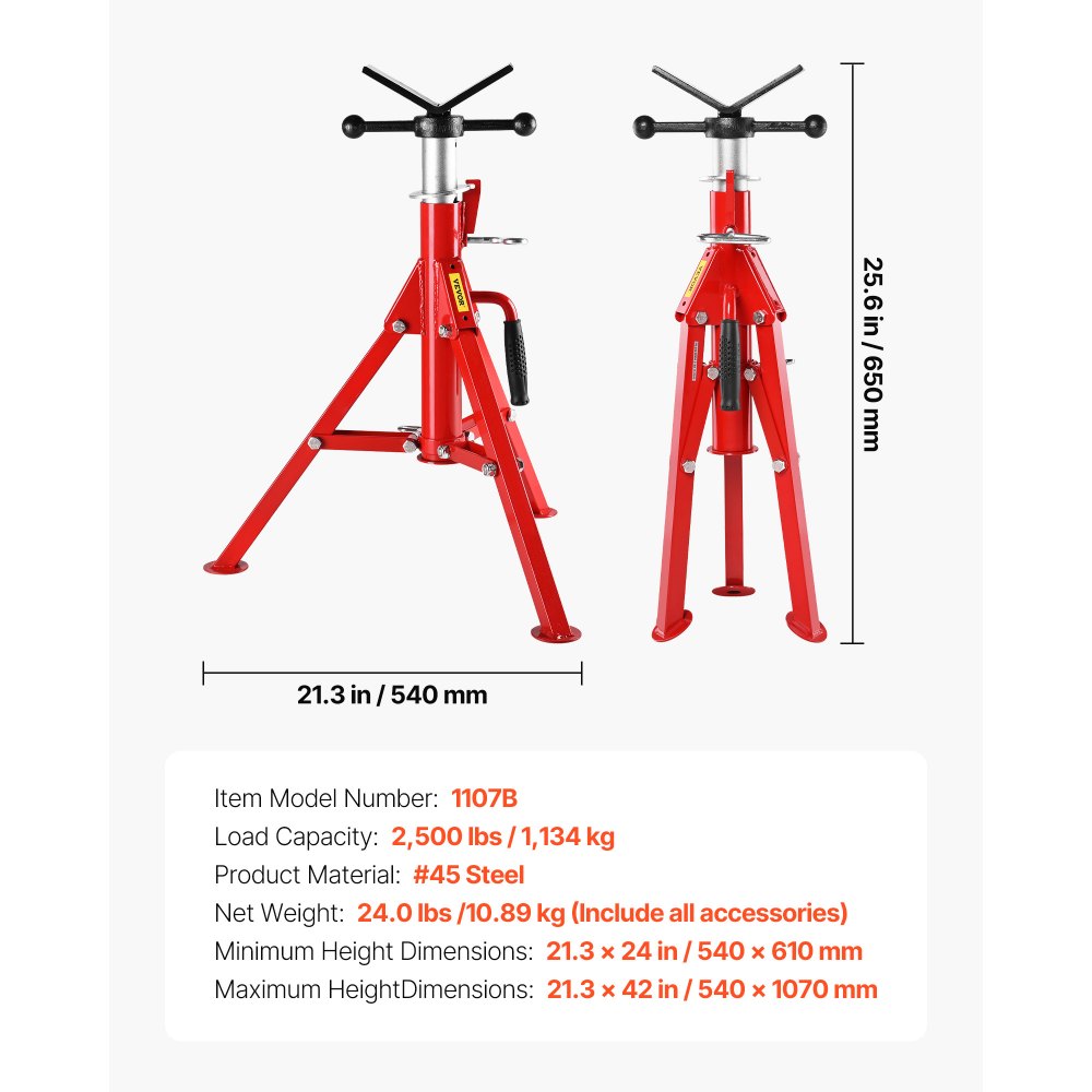 VEVOR Cavalletto per Tubi con Testa a V 0,32-30,48 cm Supporto per tubi Altezza Regolabile 61-107 cm Massima Capacità 1134 kg, Cavalletto per tubi Materiale in Acciaio al Carbonio Piedi Pieghevoli