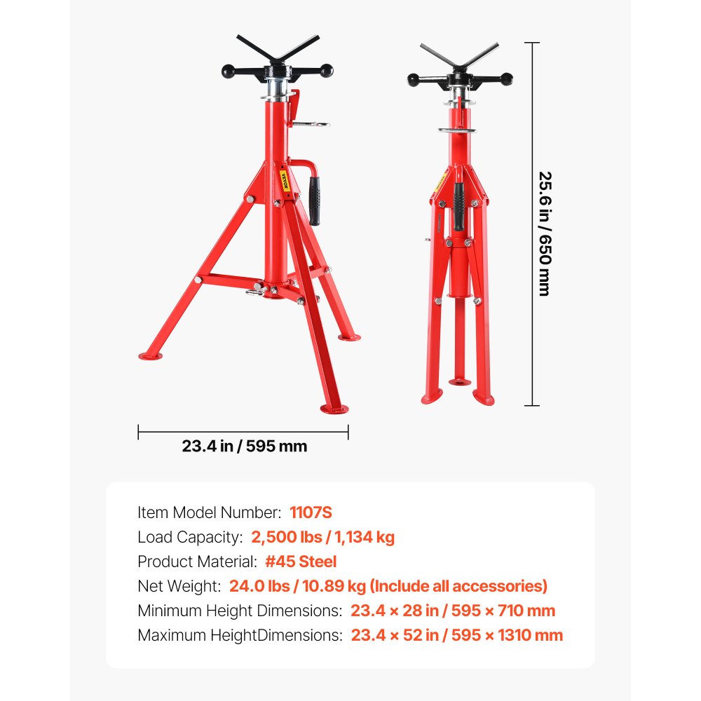 VEVOR V-Head Pipe Stand, 1/8"-12" Capacity, Adjustable Height 28"-52", Pipe Lifting Stand 2500 lb. Load Capacity, Portable Folding Pipe Stand, Carbon Steel Housing, Durable