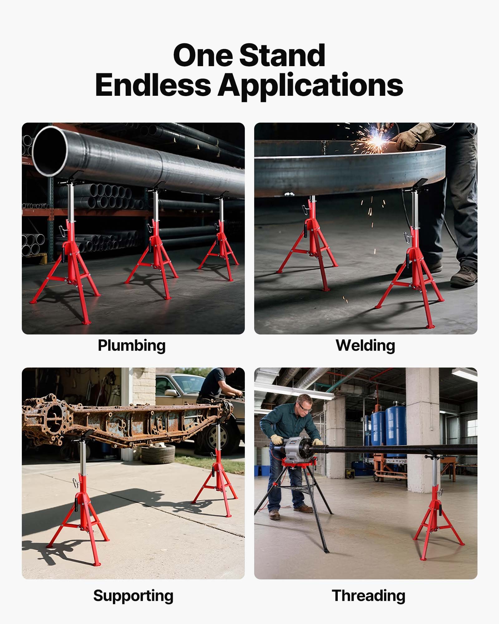 VEVOR V-Head Pipe Stand, 1/8"-12" Capacity, Adjustable Height 28"-52", Pipe Lifting Stand 2500 lb. Load Capacity, Portable Folding Pipe Stand, Carbon Steel Housing, Durable