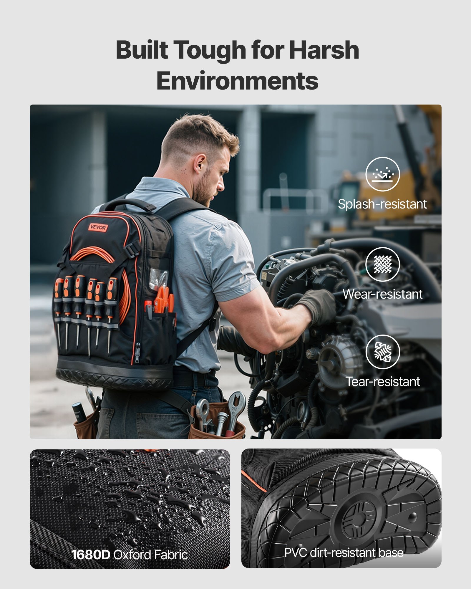 VEVOR Zaino Portautensili, Organizzatore per Attrezzi Pesanti, Zaino da Lavoro con Scomparto per Laptop e Base Sagomata, Borsa da Cantiere per Elettricisti, Riparatori e Tecnici HVAC, 65 Tasche