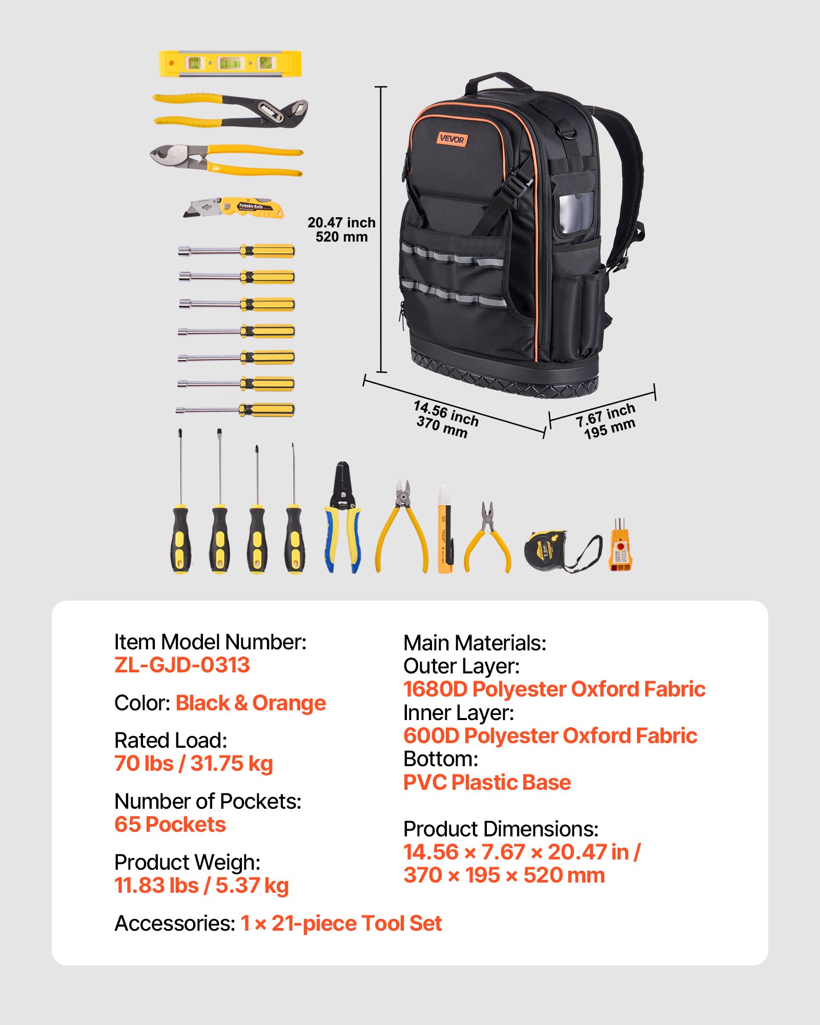VEVOR Zaino Portautensili, 65 Tasche, per Attrezzi Pesanti, Zaino da Lavoro con Scomparto per Laptop e Base Sagomata, Borsa da Cantiere per Elettricisti, Riparatori e Tecnici HVAC Nero Arancione