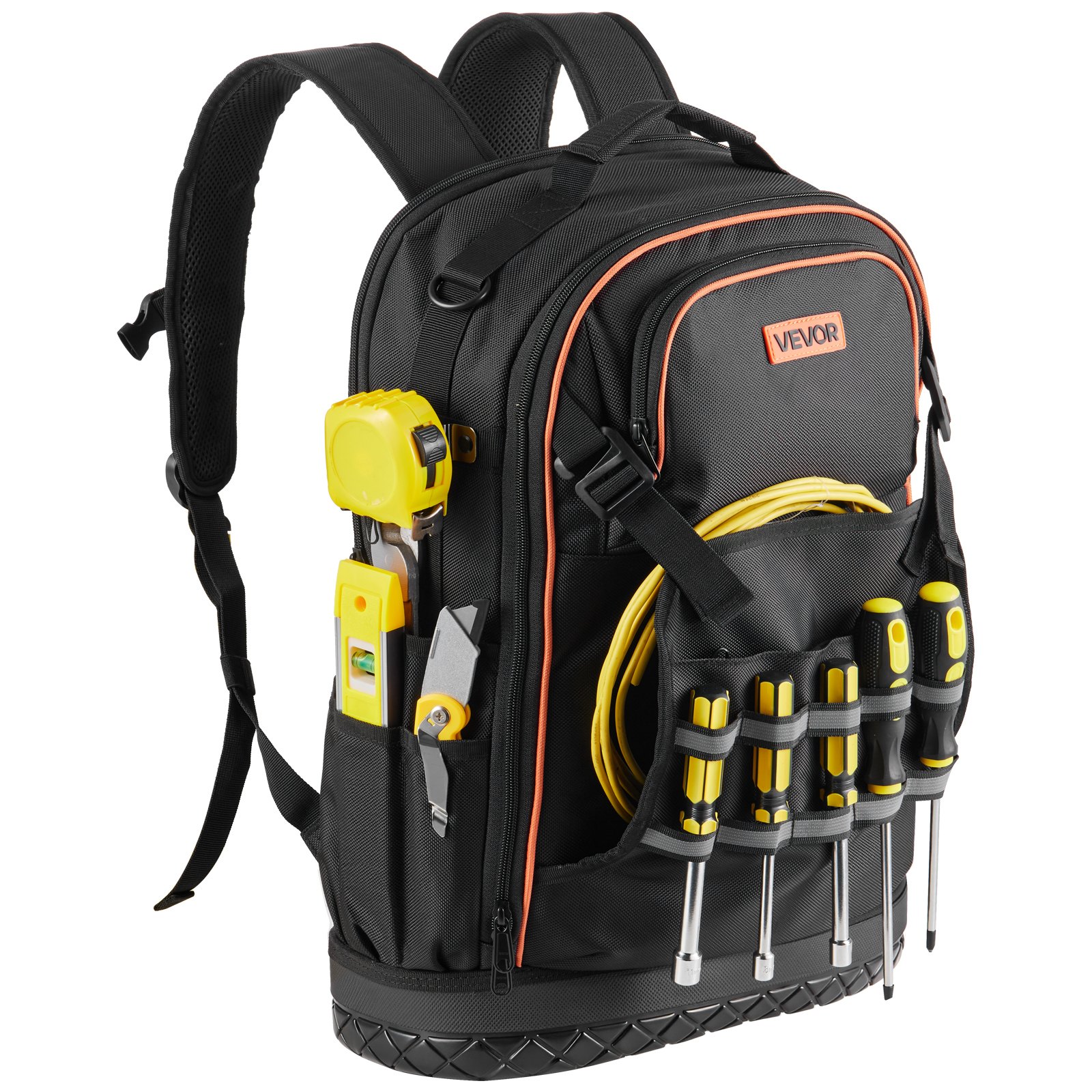 VEVOR Zaino Portautensili, 65 Tasche, per Attrezzi Pesanti, Zaino da Lavoro con Scomparto per Laptop e Base Sagomata, Borsa da Cantiere per Elettricisti, Riparatori e Tecnici HVAC Nero Arancione
