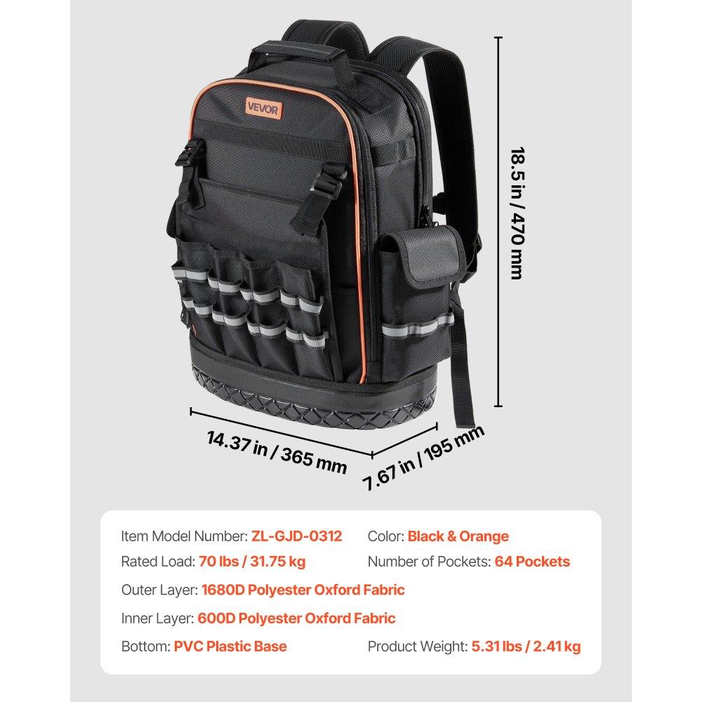 VEVOR Zaino Portautensili, 64 Tasche, per Attrezzi Pesanti, Zaino da Lavoro con Scomparto per Laptop e Base Sagomata, Borsa da Cantiere per Elettricisti, Riparatori e Tecnici HVAC Nero