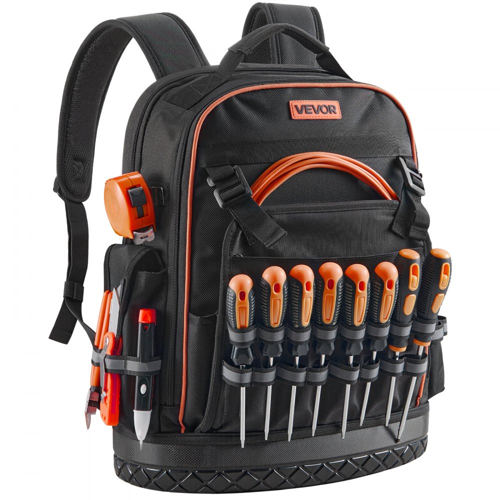 VEVOR Zaino Portautensili, 64 Tasche, per Attrezzi Pesanti, Zaino da Lavoro con Scomparto per Laptop e Base Sagomata, Borsa da Cantiere per Elettricisti, Riparatori e Tecnici HVAC Nero