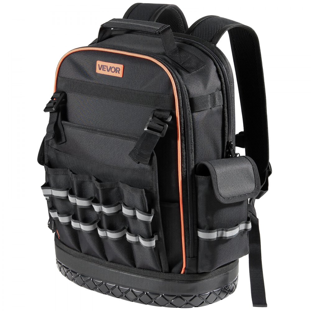 VEVOR Zaino Portautensili, 64 Tasche, per Attrezzi Pesanti, Zaino da Lavoro con Scomparto per Laptop e Base Sagomata, Borsa da Cantiere per Elettricisti, Riparatori e Tecnici HVAC Nero