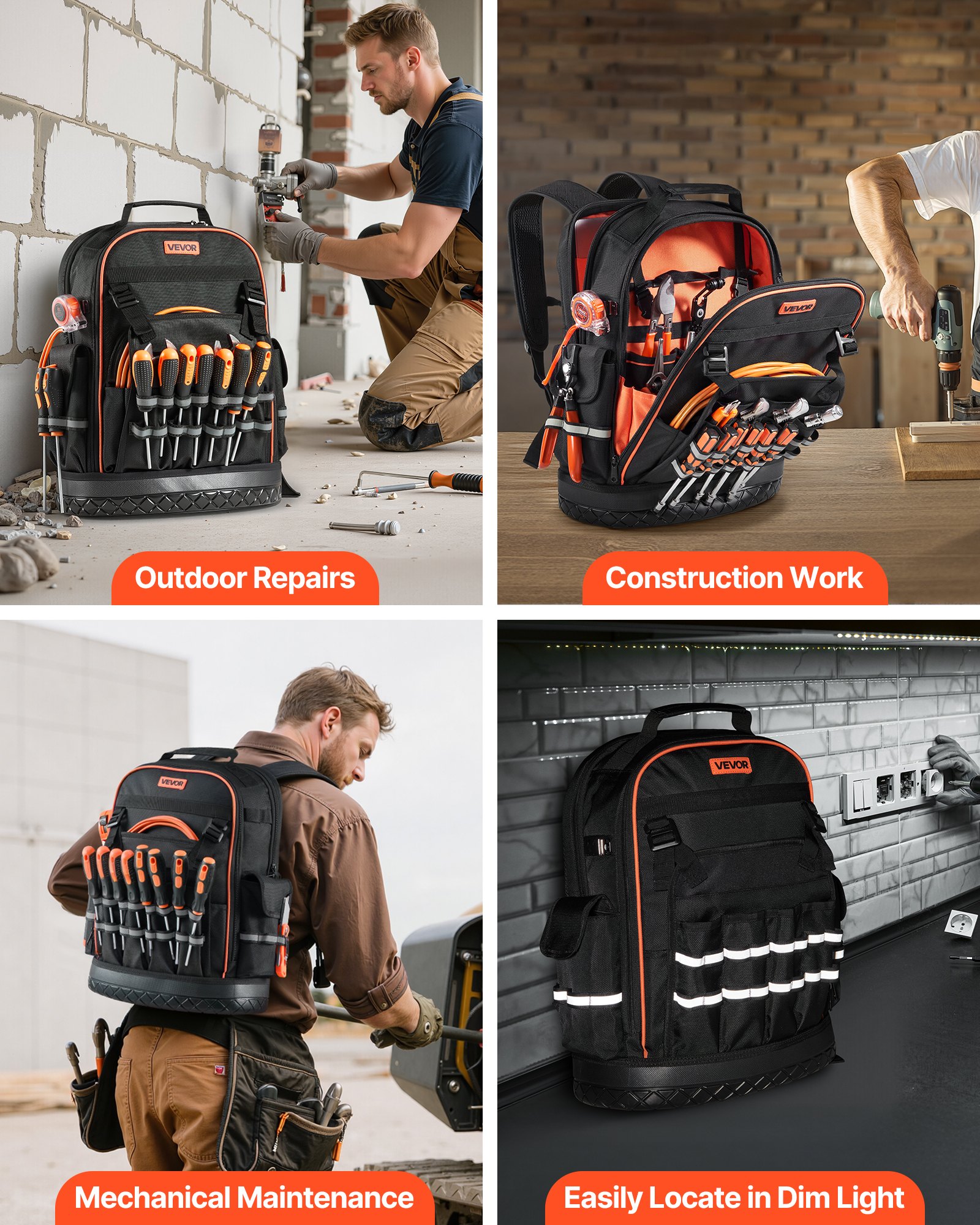 VEVOR Zaino Portautensili, 64 Tasche, per Attrezzi Pesanti, Zaino da Lavoro con Scomparto per Laptop e Base Sagomata, Borsa da Cantiere per Elettricisti, Riparatori e Tecnici HVAC Nero