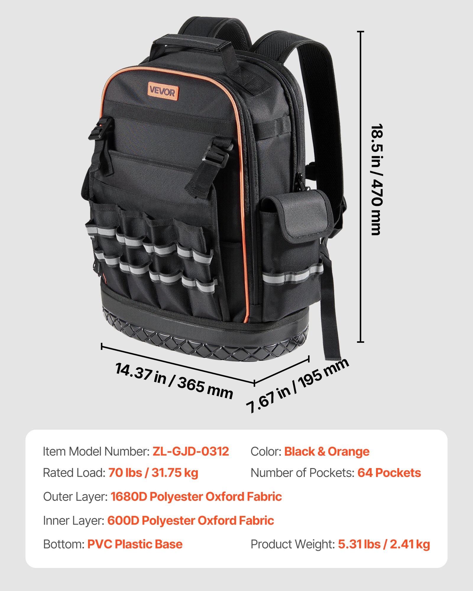 VEVOR Zaino Portautensili, 64 Tasche, per Attrezzi Pesanti, Zaino da Lavoro con Scomparto per Laptop e Base Sagomata, Borsa da Cantiere per Elettricisti, Riparatori e Tecnici HVAC Nero