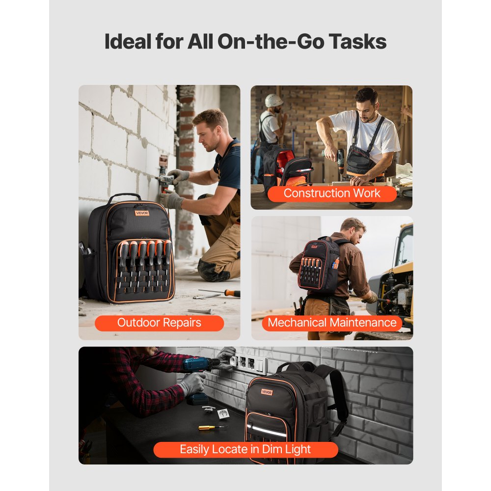 VEVOR Zaino Portautensili, 49 Tasche, Organizzatore per Attrezzi Pesanti, Zaino da Lavoro con Scomparto per Laptop e Base in Tessuto, Borsa da Cantiere per Elettricisti, Riparatori e Tecnici HVAC