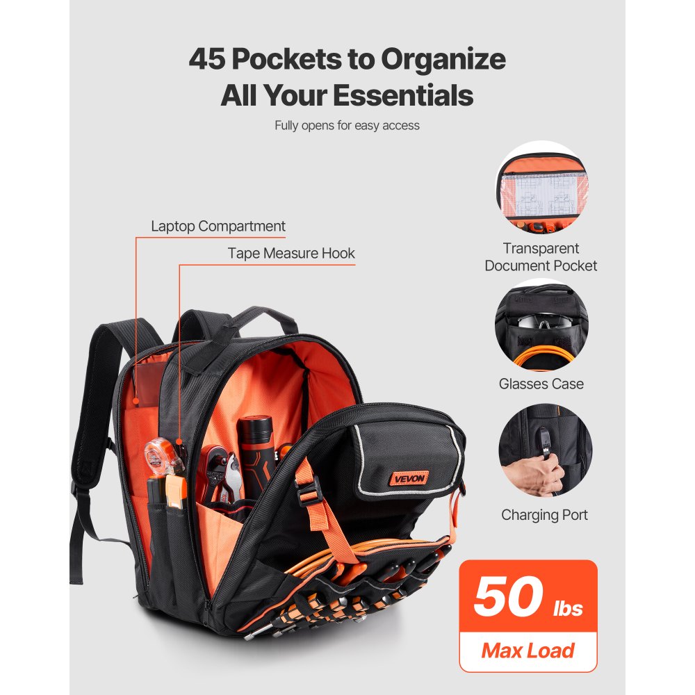 VEVOR Zaino Portautensili, 45 Tasche, Zaino Porta Attrezzi da Lavoro ad Alta Resistenza con Scomparto per Laptop e Base in Tessuto Rinforzato, per Elettricisti, Riparatori, Nero e Arancione