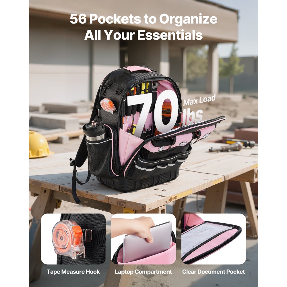 VEVOR Zaino Portautensili, 56 Tasche, Organizzatore per Attrezzi Pesanti, Zaino da Lavoro con Scomparto per Laptop e Base Sagomata, Borsa da Cantiere per Elettricisti, Riparatori e Tecnici HVAC
