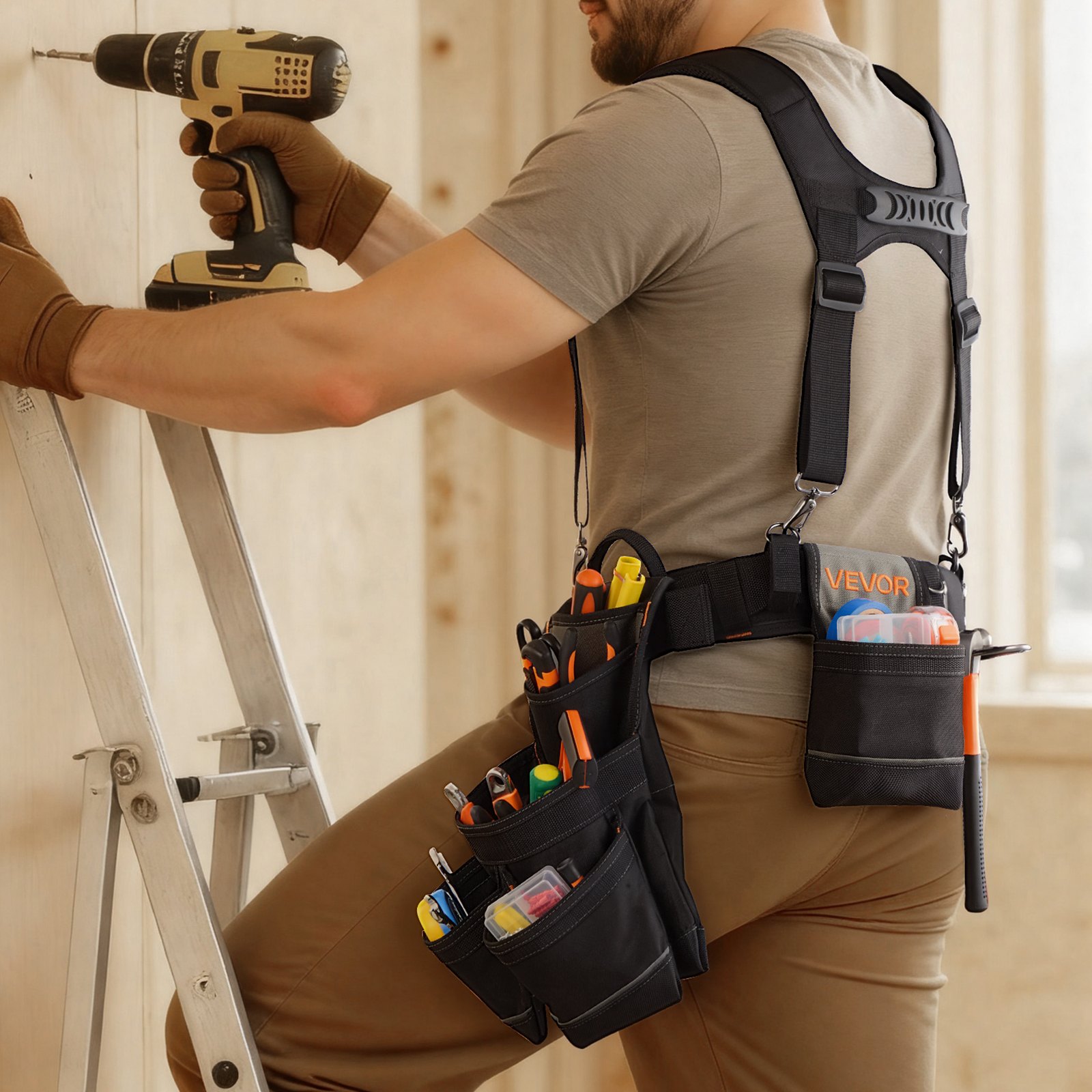 VEVOR Cintura Porta Attrezzi da Lavoro con 19 Tasche e Bretelle, Cintura Portautensili Regolabile da 80-131 cm, Supporto di Sospensione Staccabile per Elettricisti, Carpentieri, Edilizia