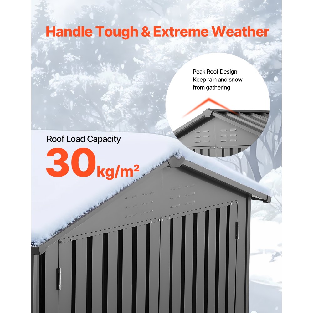 VEVOR Casetta da Giardino in Metallo 186 x 121 cm, Capanno da Giardino per Esterni, Porte Chiudibili a Chiave, Casetta da Giardino con Tetto a Punta, per Organizzare Attrezzi, Biciclette, Grigio
